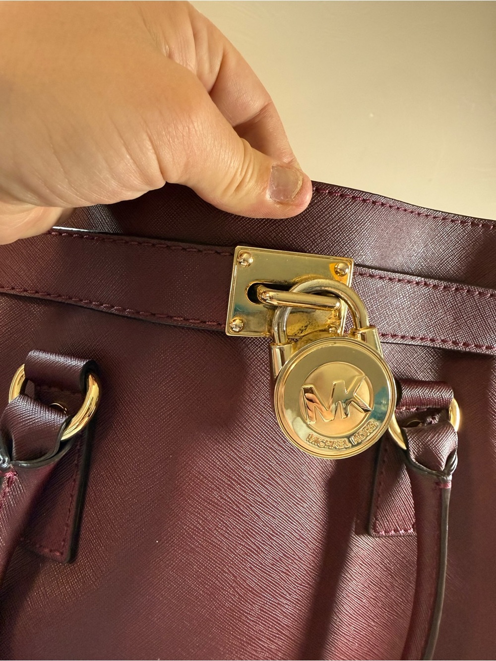 MICHAEL KORS Hamilton Medium East West Satchel Merlot Saffiano Leather Purse Bag - Picture 8 of 9
